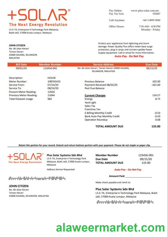 Malaysia Plus Solar Systems Sdn Bhd utility bill template in Word and PDF format